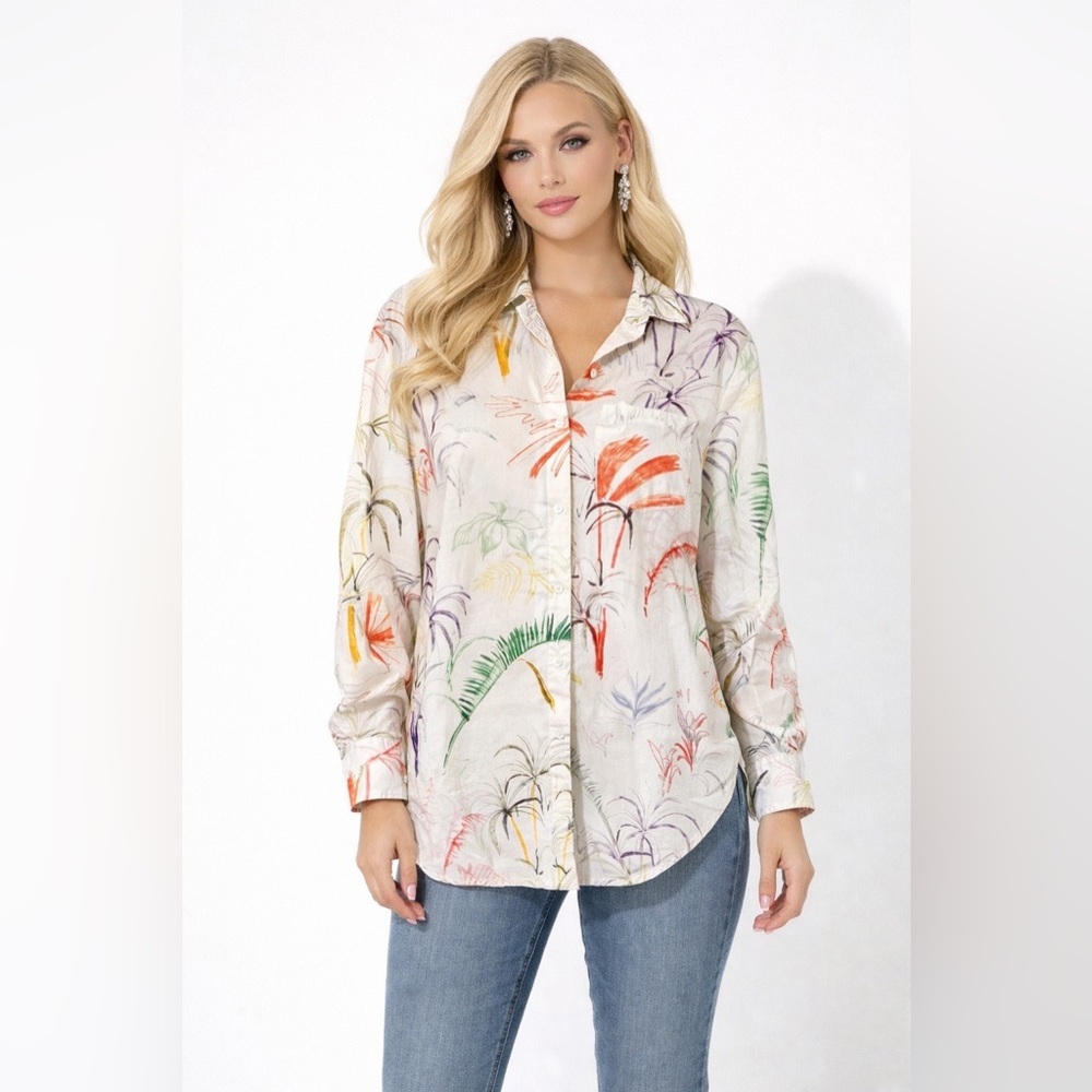 Saint Holiday Long Sleeve Button Up Tropical Blouse Size 0 Color Cream White